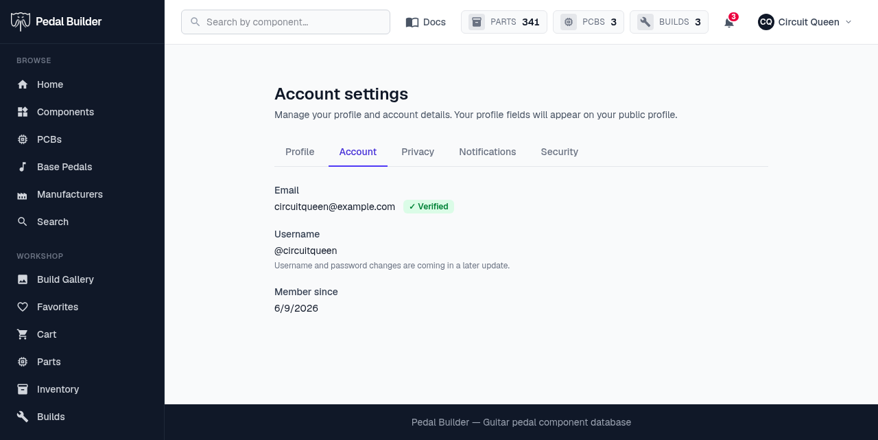 Account settings → Account — email with verified badge, username, member-since date