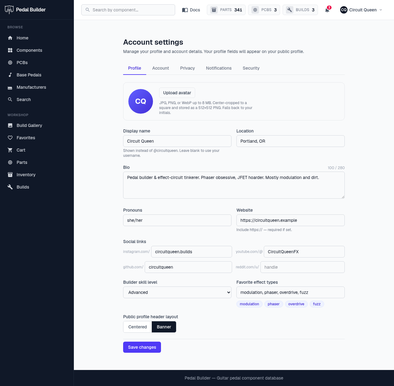 Account settings → Profile — avatar, display name, bio, social links, skill level, effect types, header layout