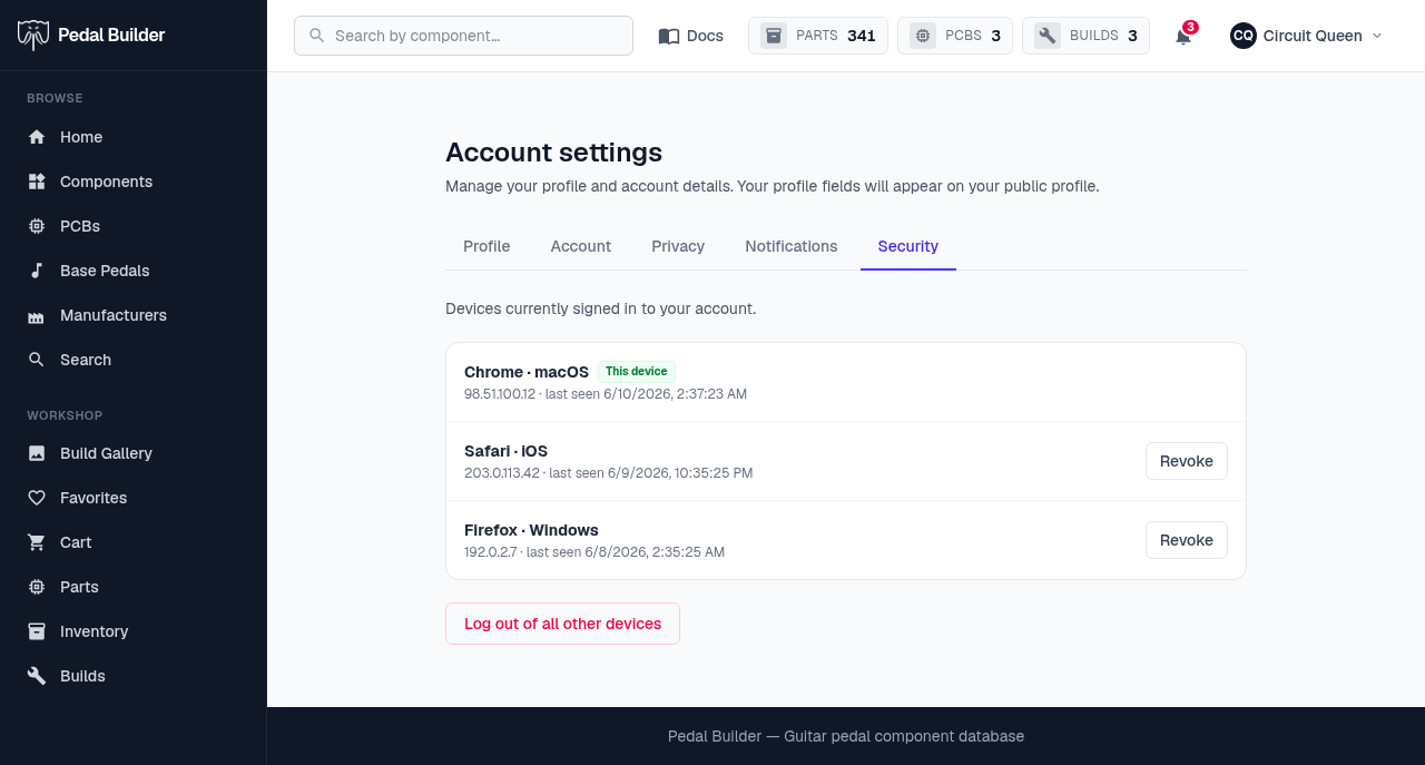 Account settings → Security — the active session list with device, IP, last-seen, and revoke