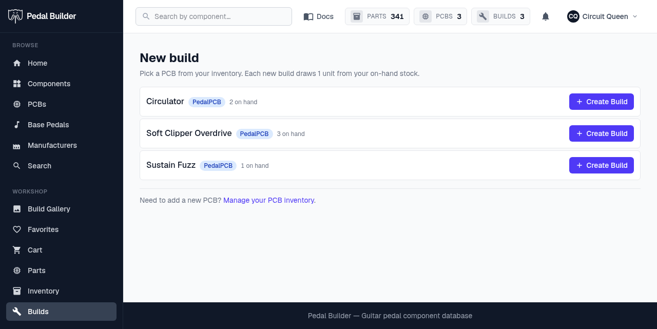 The new-build picker — your in-stock PCBs each with a Create Build button