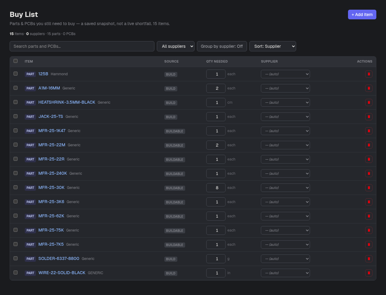 The buy list — items with a source badge, editable quantity, and a supplier picker per row
