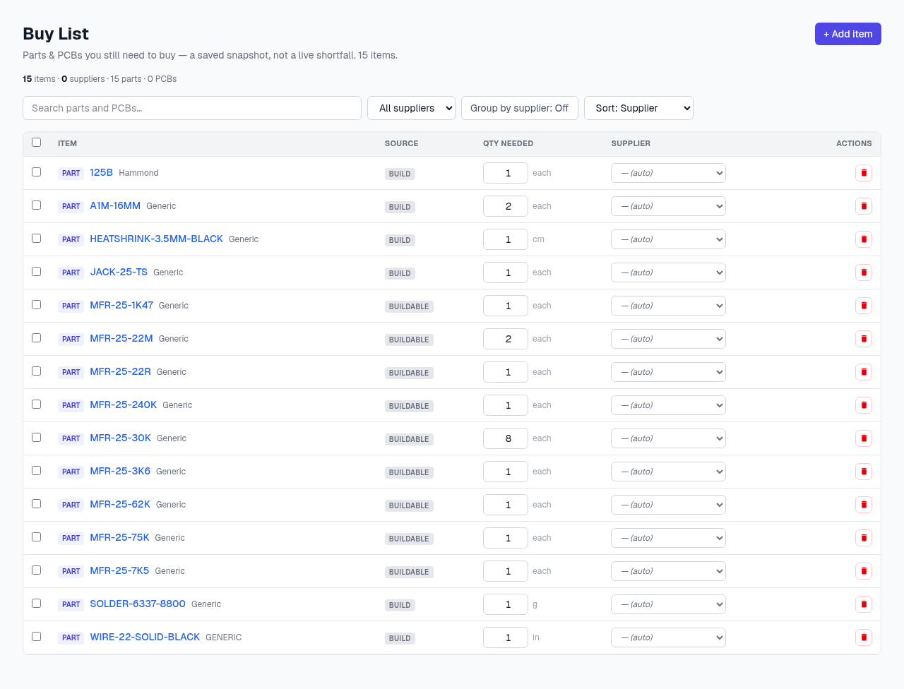 The buy list — items with a source badge, editable quantity, and a supplier picker per row