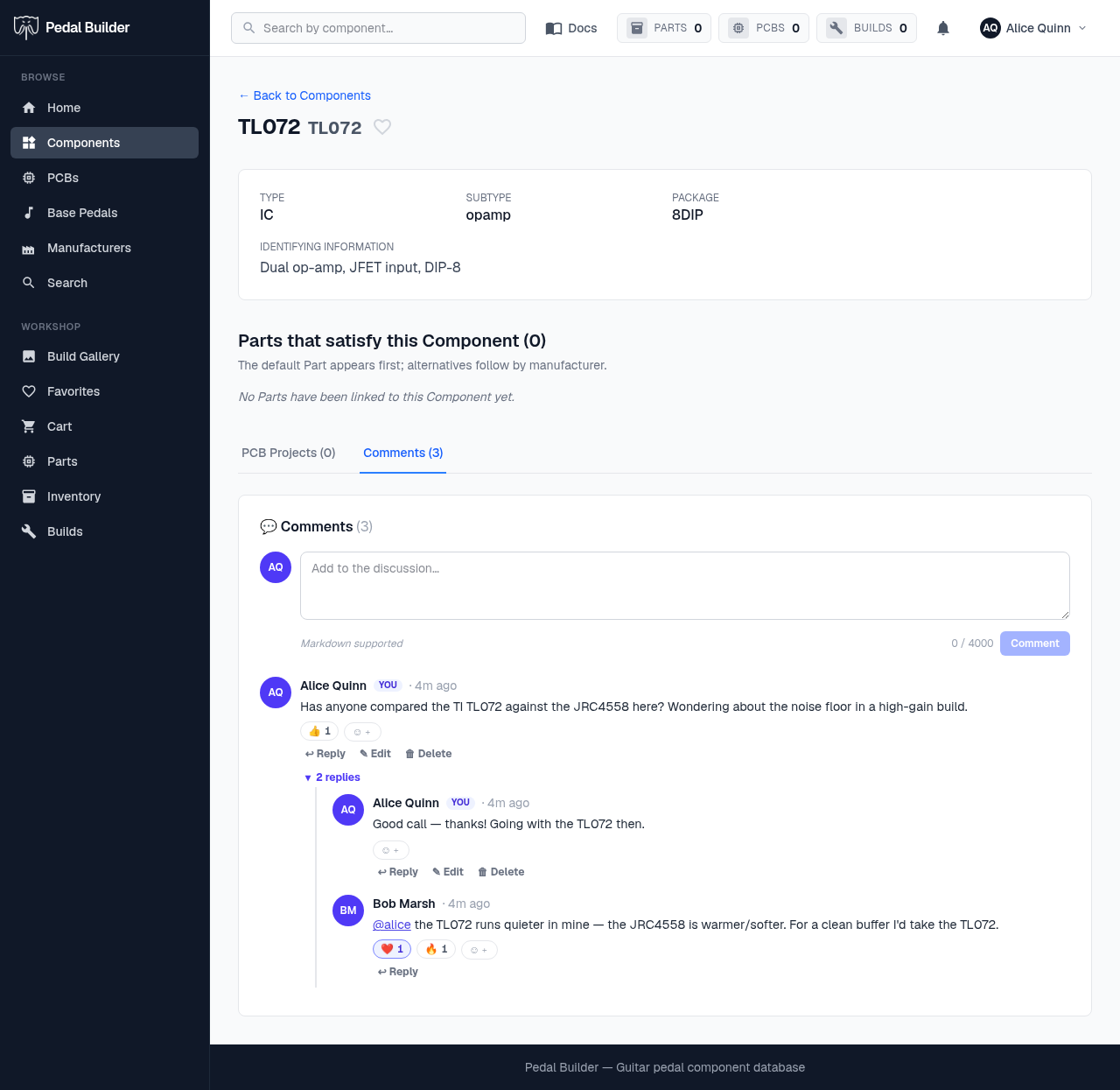 A comment thread on a component page, signed in: a composer, a top-level comment with reactions and Reply/Edit/Delete, and two threaded replies including an @mention