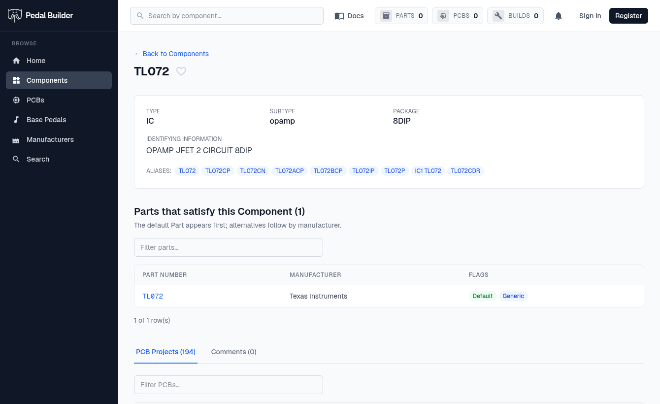 A component detail page — spec block, the parts that satisfy it, and the tabs
