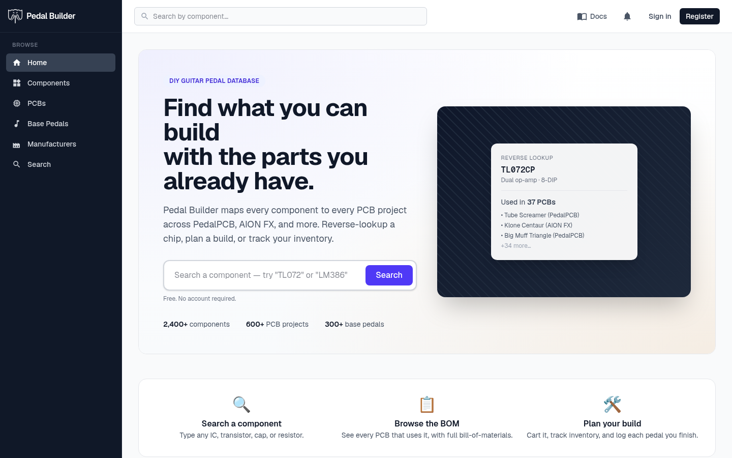The Pedal Builder home page hero and search box