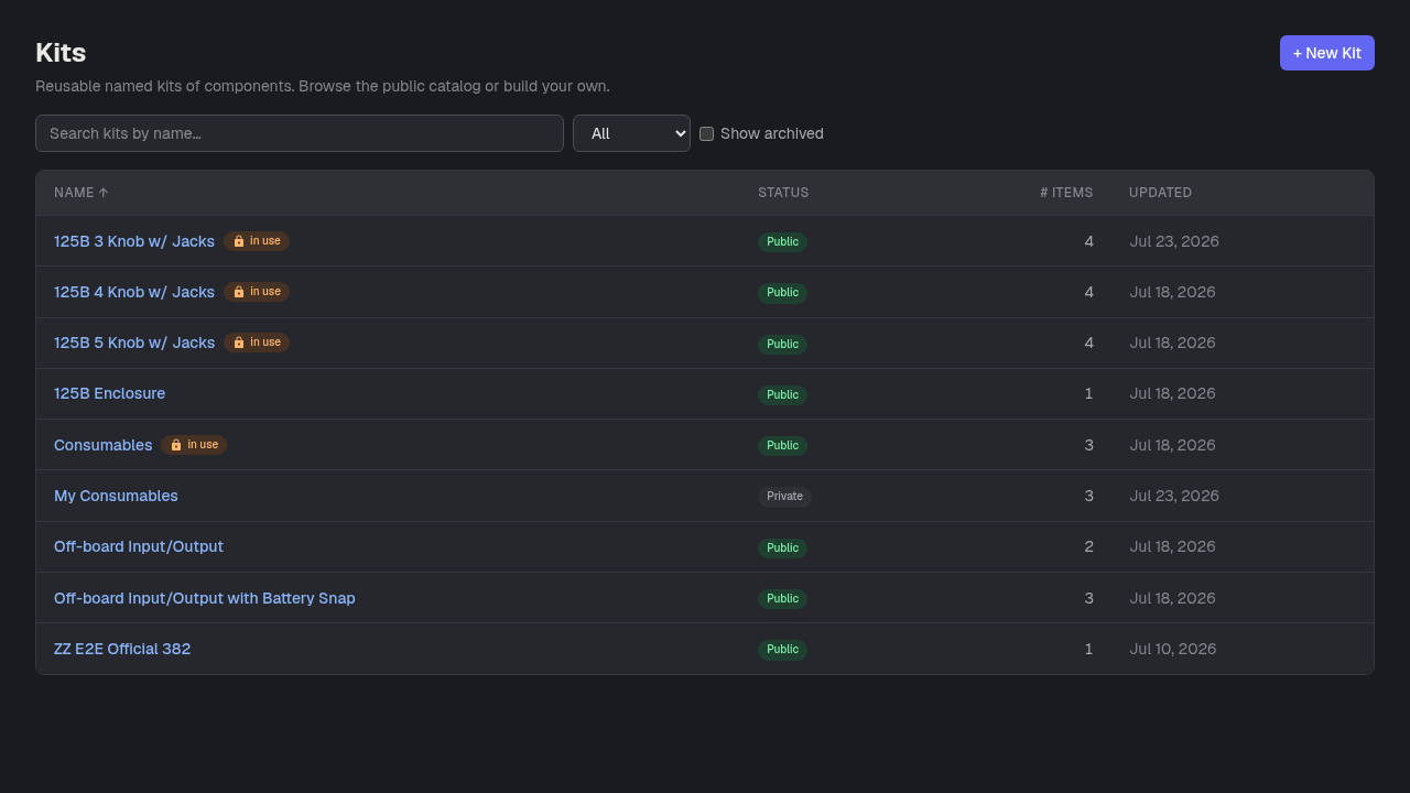 The Kits catalog — name, visibility status, item count, and last-updated date, with New Kit and a scope filter