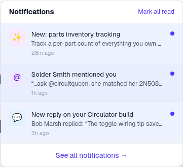 The notification bell dropdown — recent notifications with unread dots and a see-all link