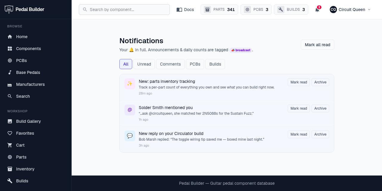 The notifications page — filter tabs and a list of notifications with mark-read / archive