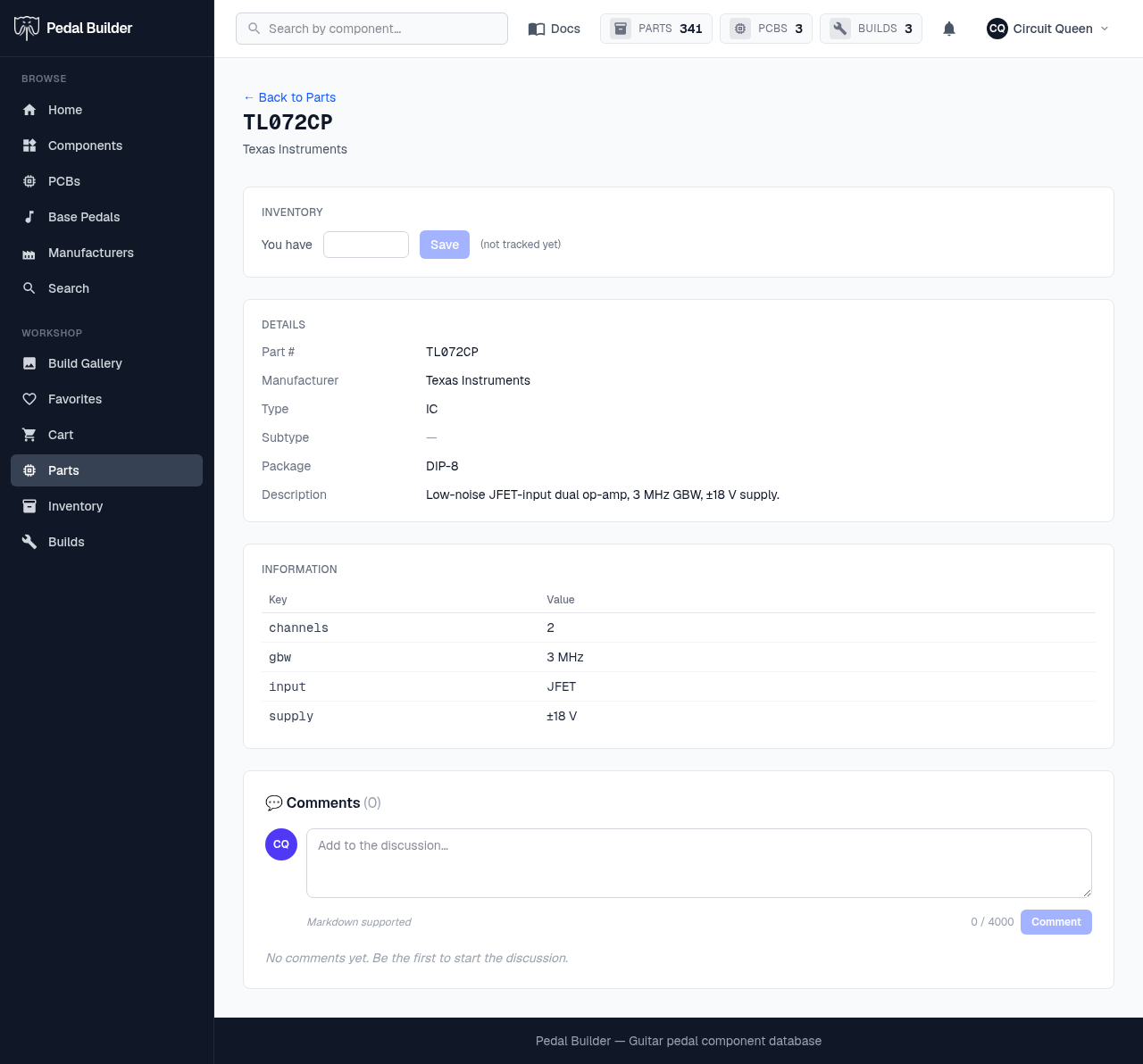 A part detail page — identity, inventory widget, details table, information table, comments