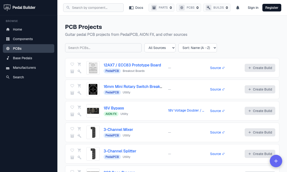 The PCB Projects page — search, source filter, sort, and the project list