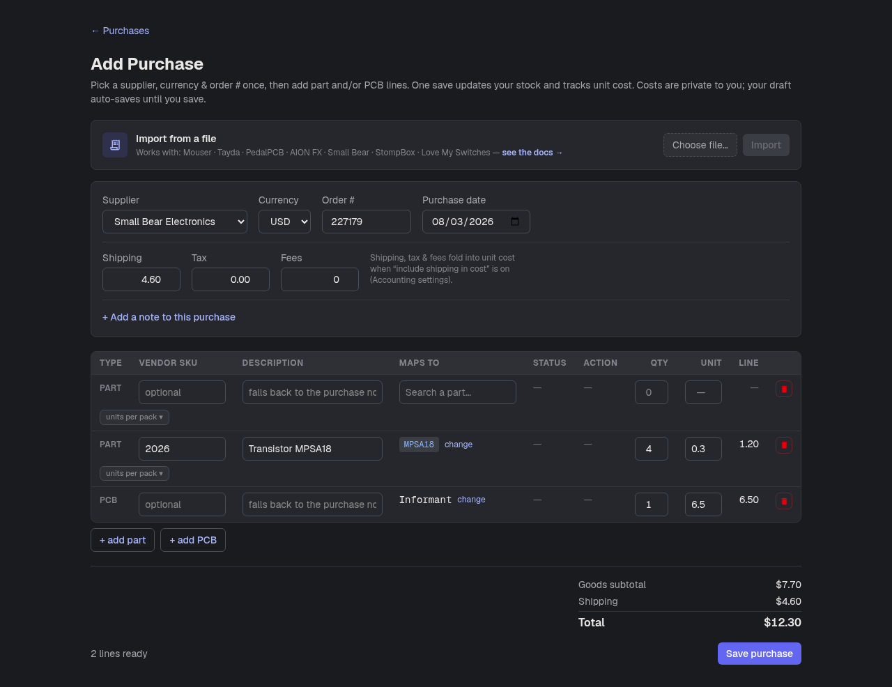 The Add Purchase page — the import-from-a-file bar, header fields, and one line table with a part line and a PCB line