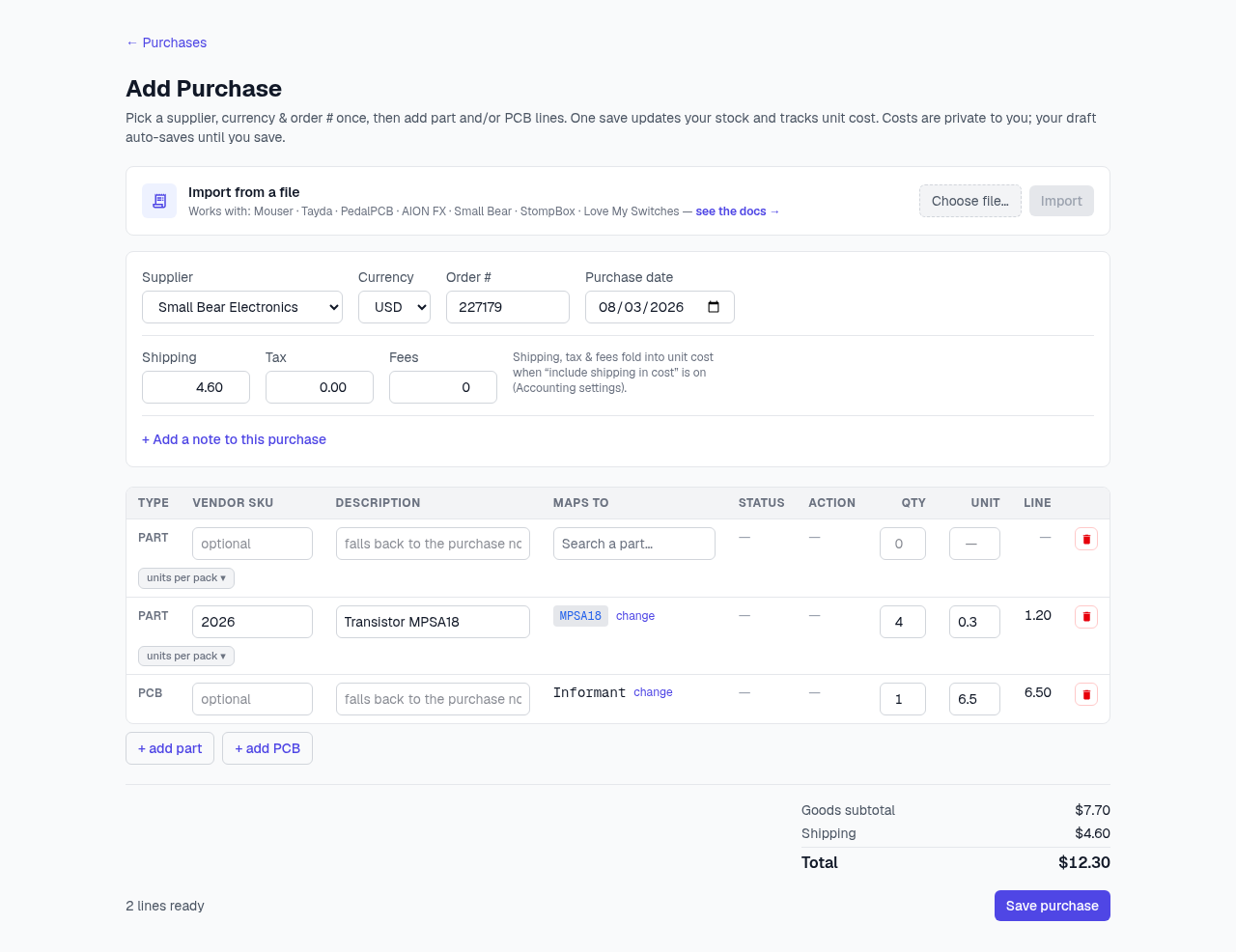 The Add Purchase page — the import-from-a-file bar, header fields, and one line table with a part line and a PCB line