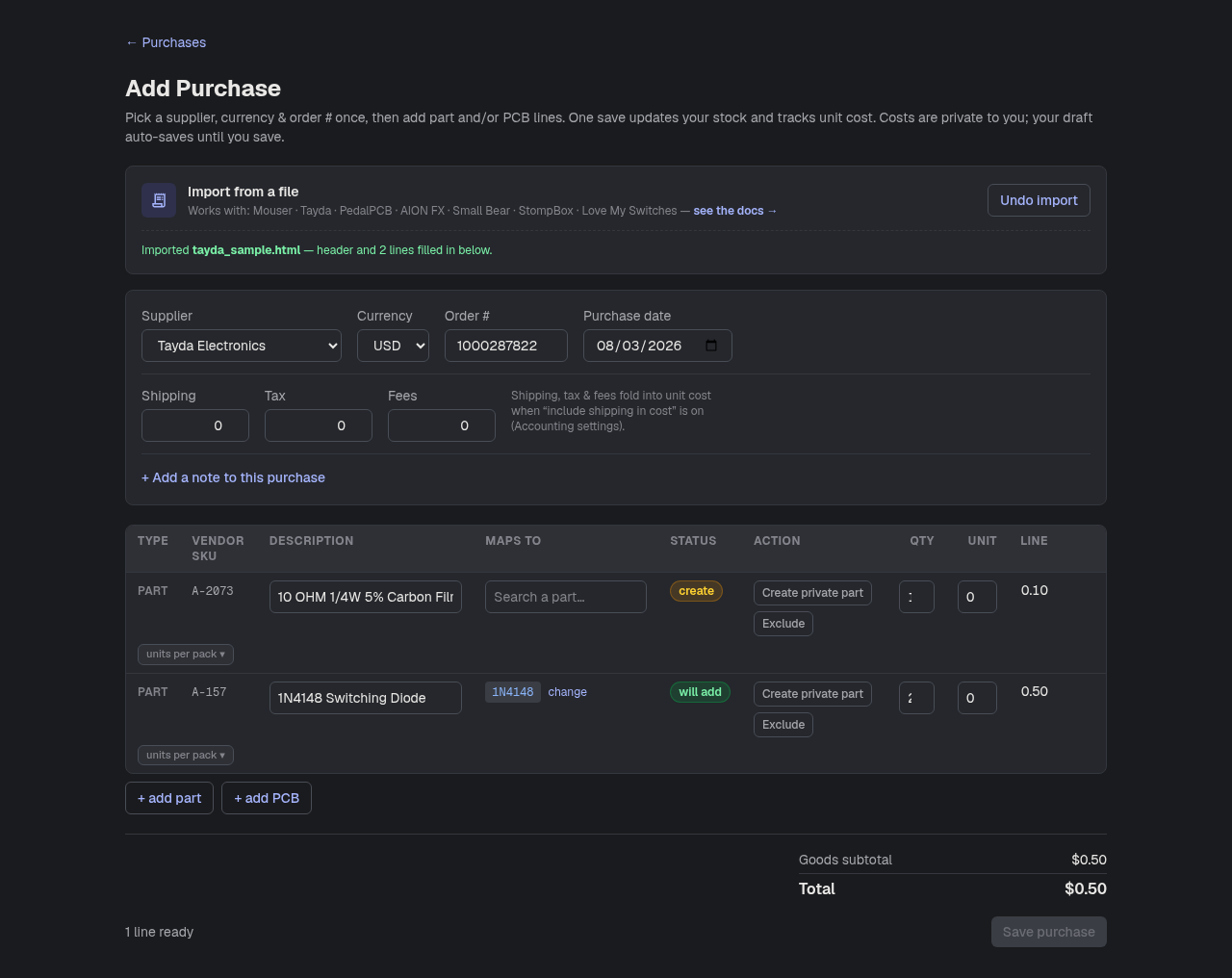 The Add Purchase page after importing a Tayda order file — supplier and order number autofilled, per-line statuses, and a gated Save