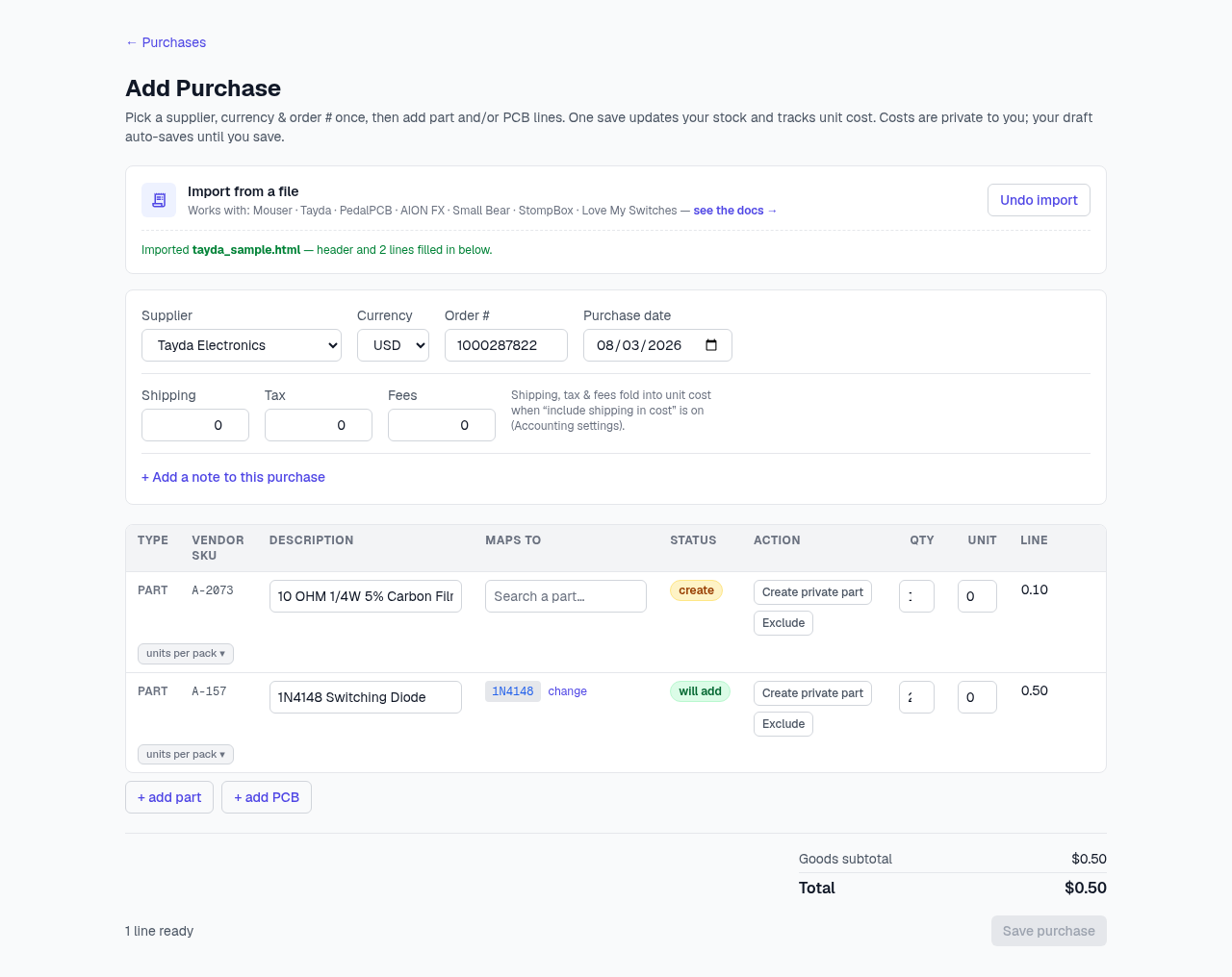 The Add Purchase page after importing a Tayda order file — supplier and order number autofilled, per-line statuses, and a gated Save