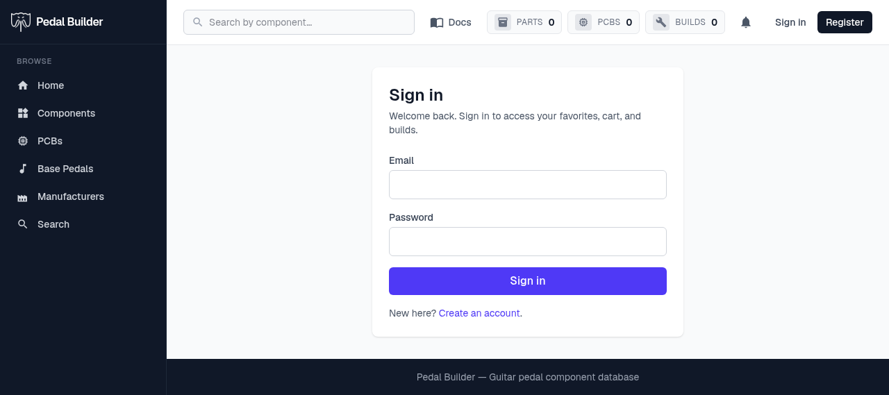 The sign-in page — email, password, Sign in button, and a create-account link