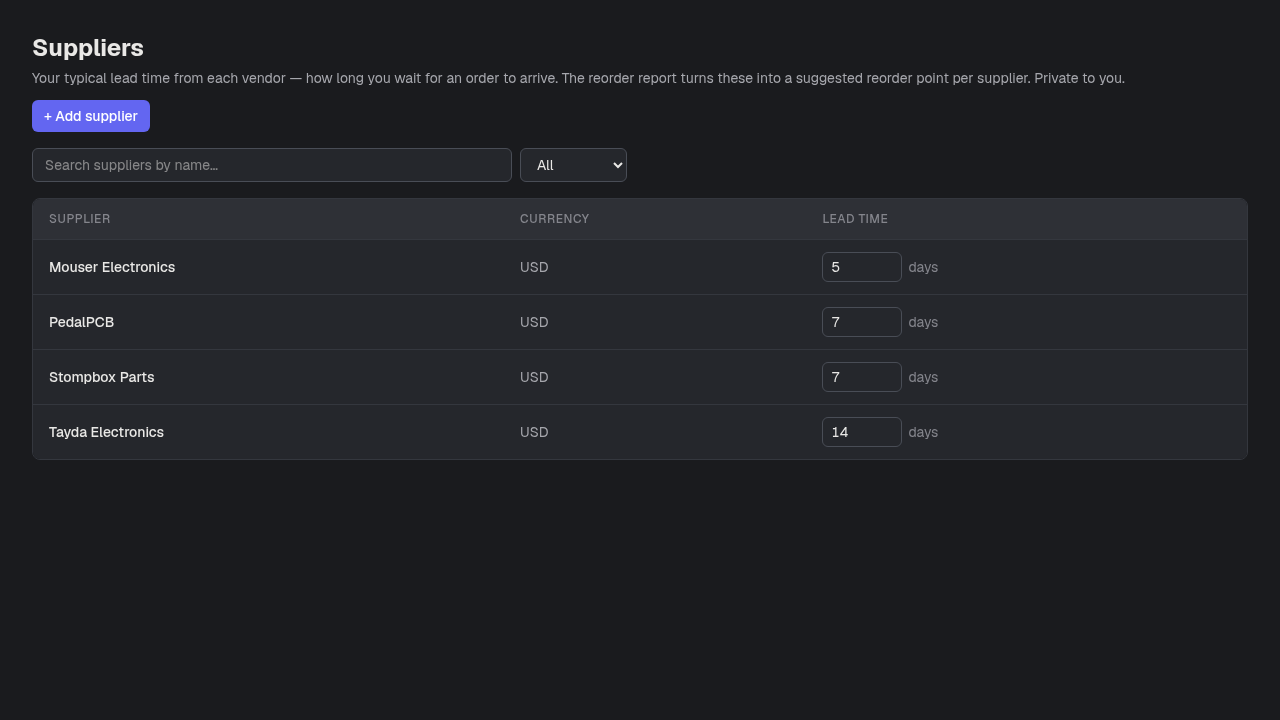 The Suppliers page — vendor name, currency, and an editable lead-time-in-days field per row