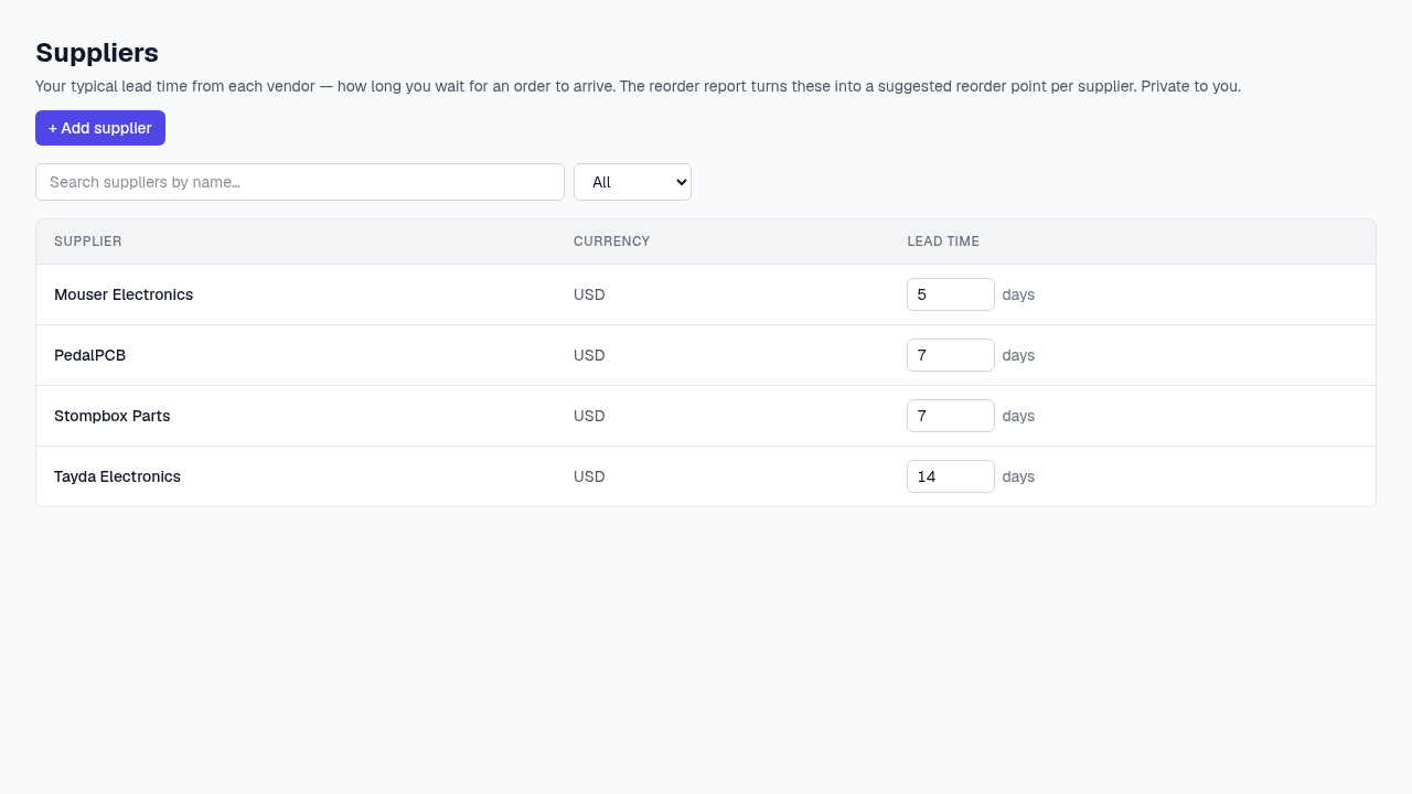 The Suppliers page — vendor name, currency, and an editable lead-time-in-days field per row